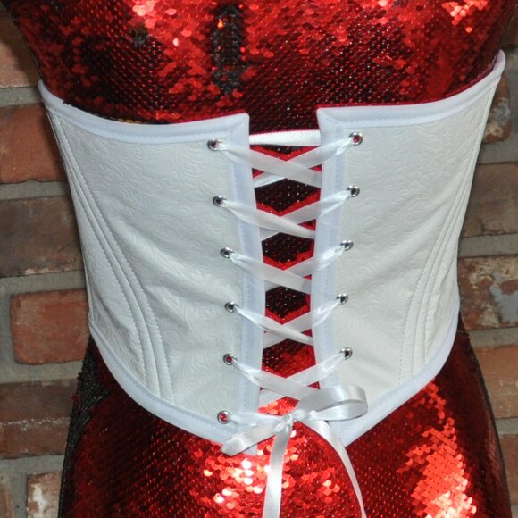 Back & Front Lace-up Corset (Belt) White Faux Leather Floral W/ Boning XS - Picture 4 of 7
